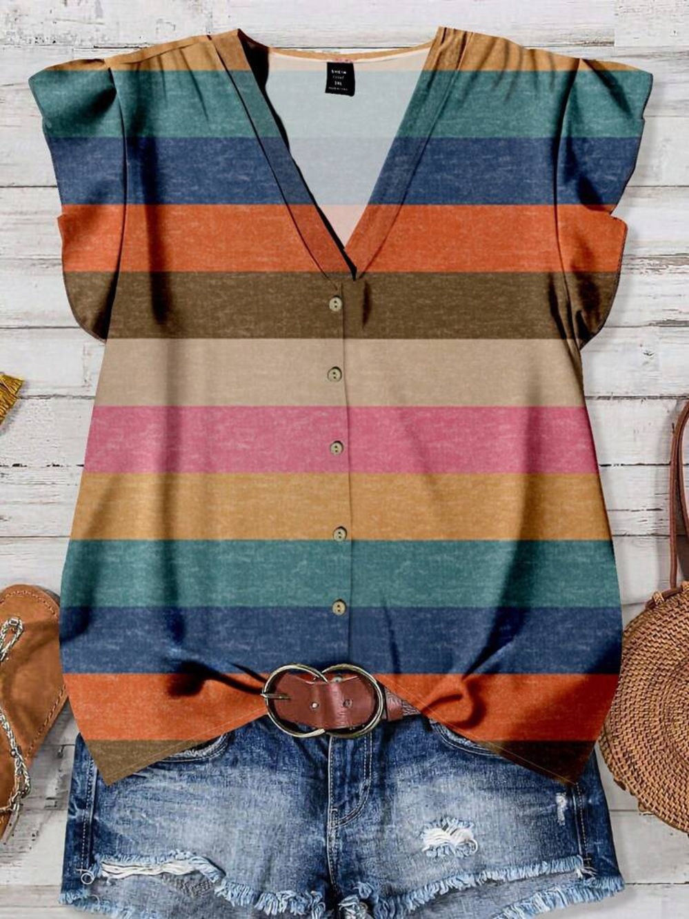 (A10) Shein Curve Striped V-Neck Flutter Sleeve Blouse - Plus 2XL (US 16)
